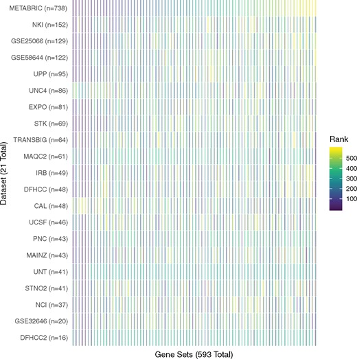 Heatmap for significance rank of 593 gene sets across all 21 studies. Rank 1 corresponds to the lowest P-value achieved in the study, and rank 593 corresponds to the largest P-value for that study. The studies are ordered by size, and the gene sets are ordered according to their rank in the largest study