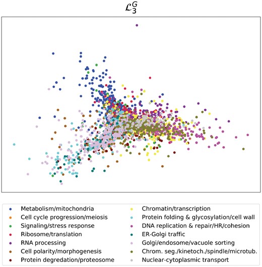Capturing biological functions with Graphlet Laplacian L3G. 2D spectral embedding of the yeast GI network using the Graphlet Laplacian for G3. Points represent genes and are colour-coded with 14 core biological process annotations defined by Costanzo et al. (2016)