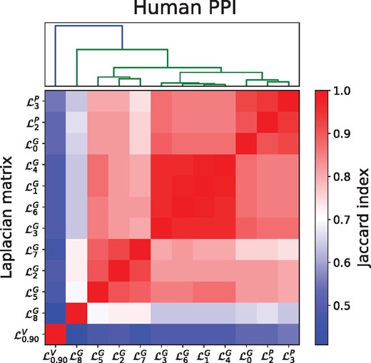 Overlap of highest scoring cancer-related genes. Evaluating the overlap in the sets of the top 100 highest scoring genes based on different Laplacians measured by the Jaccard Index, with scores computed by performing network diffusion of mutation frequency scores on the human PPI network
