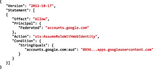 An example of a trust relationship defined for an AWS role, which allows a Galaxy instance, identified by the 8936…apps.googleusercontent.com (part of the client ID), to assume the role in exchange of a user’s ID token issued for that Galaxy instance by Google