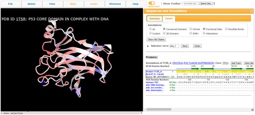 iCn3D visualizing the sequence alignment of protein accession NP_001108451.1 with structure accession 1TSR_A (chain A of 3D structure 1TSR). The alignment is shown in the box around ‘Protein 1TSR_A’ in the sequence window. (Share Link: https://www.ncbi.nlm.nih.gov/Structure/icn3d/full.html? from=icn3d&blast_rep_id=1TSR_A&query_id=NP_001108451.1)