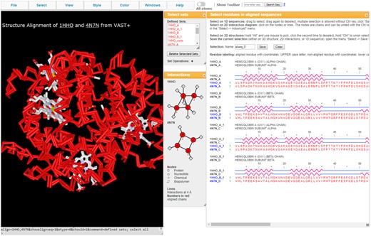 iCn3D visualizing the structure superposition and corresponding alignments between human oxy and deoxyhemoglobin (PDB ID 1HHO and 4N7N), as computed by VAST+. (Share Link: https://icn3d.page.link/wPoW56e8QnzVfuZw6)