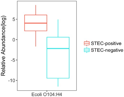 Relative abundance of E.coli O104: H4 which has significant differences between STEC-positive samples (left red box) and STEC-negative samples (right blue box). (Color version of this figure is available at Bioinformatics online.)