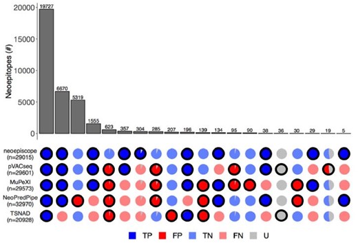 Detailed comparison of the complete set of neoepitope predictions from neoepiscope, MuPeXI, pVACseq, NeoPredPipe and TSNAD. Patterns of agreement or disagreement among groups of neoepitopes predicted by different combinations of tools across five melanoma patients are shown along each column (e.g. the first column corresponds to neoepitopes predicted by all tools). Each row indicates the neoepitope predictions associated with the indicated tool, with the total number of neoepitopes predicted by each tool shown as n. The number of neoepitopes in each column (bar in upper pane) corresponds to the size of the subset predicted by the indicated combination of tools (outlined circles in the bottom pane). The veracity of predictions corresponding to each group of neoepitopes are shown as pie charts, with colors corresponding to true positive (‘TP’, dark blue), false positive (‘FP’, dark red), true negative (‘TN’, light blue), false negative (‘FN’, light red) and uncertain (‘U’, gray) predictions. Uncertain predictions are considered a result of one or more factors including origin from unassembled contig regions, the presence of RNA edits or inconsistencies in variant phasing predictions between HapCUT2 and GATK’s ReadBackedPhasing