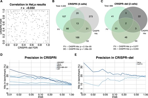 (A) Pearson’s correlation between CRISPRi and CRISPR-del FDR in HeLa. (B and C) Overlap of consensus hits with benchmark datasets. CRISPRi hits (light gray) show a significant overlap with experimentally validated (light green) and DE (dark green) lncRNA sets, while CRISPR-del hits (dark gray) show a weaker and non-significant overlap with both sets. (D and E) Precision of CASPR consensus method with increasing FDR threshold, for each cell line. Dashed lines indicate the expected background precision