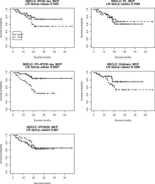 Kaplan–Meier survival curves for the two prognosis groups [‘good’ (blue), ‘poor’ (red) groups according to the median of the PI values] in the test sample of the NSCLC data