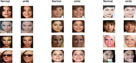 CelebA dataset with images in two conditions: celebrities without a smile and with a smile on their face. trVAE successfully adds a smile on faces of women without a smile despite these samples completely lacking from the training data (OOD). The training data only comprises non-smiling women and smiling and non-smiling men
