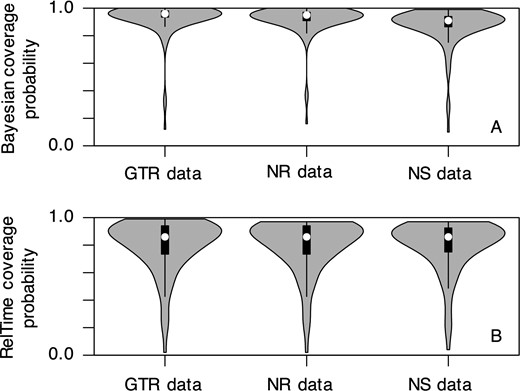 Distributions of coverage probabilities of all the nodes for GTR, NR, and NS datasets. Coverage probability of (A) Bayesian HPDs and (B) RelTime CIs for each scenario is calculated using results of 50 IR and 50 AR simulated datasets obtained using the GTR + Γ model and three calibrations. White dot represents the median value