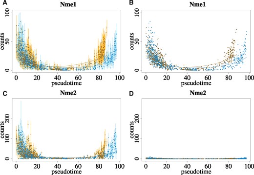 Comparison of counts across pseudotime for Nme1 and Nme2 for counts generated incorporating multi-mapping reads using the EM algorithm (A and C) and without incorporating multi-mapping reads (B and D). Counts are colored according to assignment to one of two lineages. Points represent mean of bootstrap replicates and vertical bars represent 95% normal-based intervals in A and C, while points in B and D provide estimated counts. Curves plot the fitted GAMs across pseudotime for each lineage