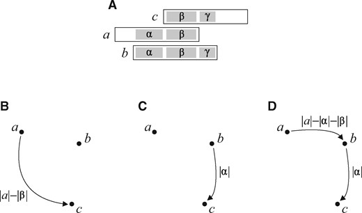 An example of the construction of a sparse graph. (A) Three overlapping reads. (B) The algorithm starts with the overlap area set to its minimum value and increases it once overlaps of such a length have been checked within the whole dataset. The first found edge is (a, c), weighted by the appropriate offset. (C) After increasing the overlap area to β+γ, edge (b, c) is found, and it replaces (a, c) recognized at this moment as a transitive edge because of the presence of the supplementing connection from a to b. This connection can be quickly checked with bitwise operations, for the offset between a and b is already known. (D) Edge (a, b) is added once the overlap area rises to α+β
