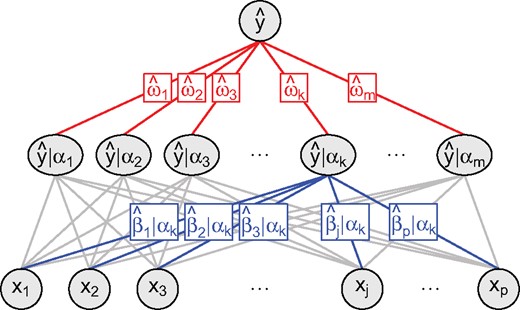 Stacked elastic net. After predicting the outcome from the features given an elastic net mixing parameter (bottom), we combine the predictions from multiple elastic net mixing parameters (top)