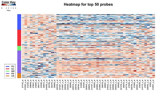 Heatmap for the top 50 probes selected by FWOC from GSE9782. Each row represents a sample and each column represents a probe