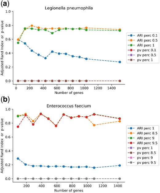ARI and P-value computed for each subset of most informative genes for (a) L.pneumophila and (b) E.faecium. We present the results obtained when using the complete linkage method with the best percentile and its two adjacent percentiles (predecessor and successor) in the search space of Algorithm 1. The search space included the following percentiles of distances’ distribution: [0.005, 0.01, 0.05, 0.1, 0.5, 1, 1.5, 2, …, 10]. For E.faecium, we also present the results with the 1st percentile of distances’ distribution, for comparison with the other bacteria
