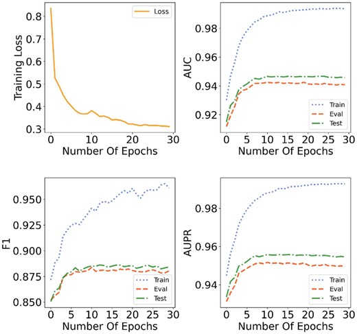 Convergence analysis of KG4SL. In the first subgraph, the orange line represents the change of training loss during the training process. In the other three subgraphs, the blue-dotted line represents the variation trend of three metrics (AUC, F1 and AUPR) during the training process. The red-dashed line displays the values of the above metrics for validation set as the increase of epochs. The green dash-dot line denotes the results for test set. At the first 10 epochs, the training loss drops rapidly and the three metrics for training set, validation set and test set increase with a uniform trend. Although at the 20th epoch, the training loss and three metrics begin to converge