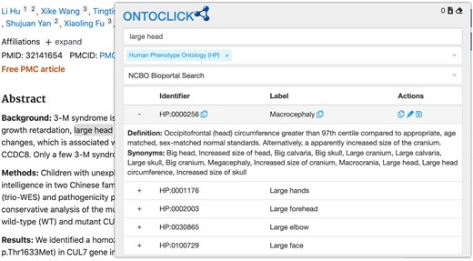 The Ontoclick popup showing HPO terms matching the highlighted text span