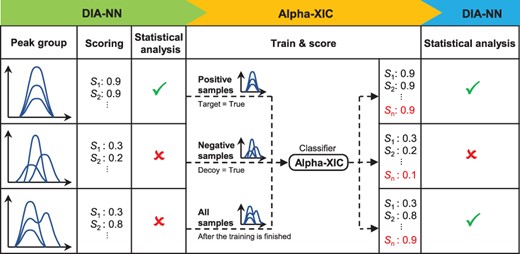 The workflow of Alpha-XIC. From left to right, the workflow of Alpha-XIC includes the initial identification by DIA-NN, the train and score phase of Alpha-XIC and the phase of the statistical analysis. In this figure, the peptide corresponding to the third peak group which is subject to interference is recovered after adding the coelution score by Alpha-XIC