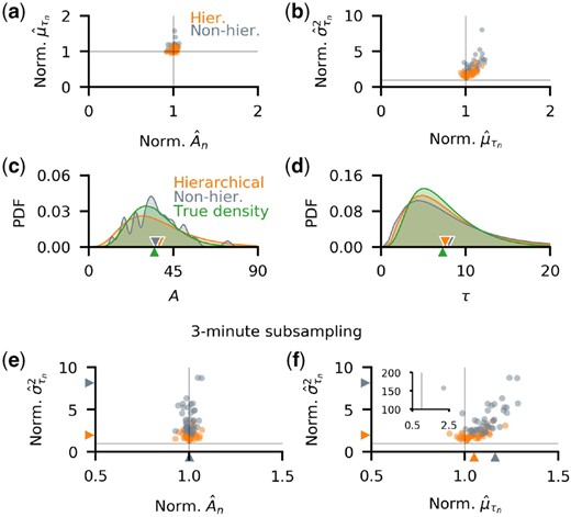 Hierarchical inference outperforms non-hierarchical inference and leads to better estimates of delay variances. (a,b) The individual parameter estimates normalized by the true values. (a) Although individual production rate estimates were similar for both approaches, the hierarchical model produced better estimates of mean delays with fewer outliers. (b) Delay variances are similarly better estimated by the hierarchical model. (c,d) Comparison of inferred population-level distributions of production rates, A, and delay times, τ, exhibit the same advantages of the hierarchical model. (e,f) In model implementation using 3-min subsampled trajectories, the accuracy of inferred production rates, A^n (e), and mean delay times, μ^τn (f), is similar, but the hierarchical model has a smaller bias, and produces fewer outlying estimates. With non-hierarchical inference, there was an extreme outlier which corresponded to overestimates of μτn and στn2 (f inset). The hierarchical model provided better estimates of the individual delay variances. We used non-informative priors over parameters in all cases (see Supplementary Methods)