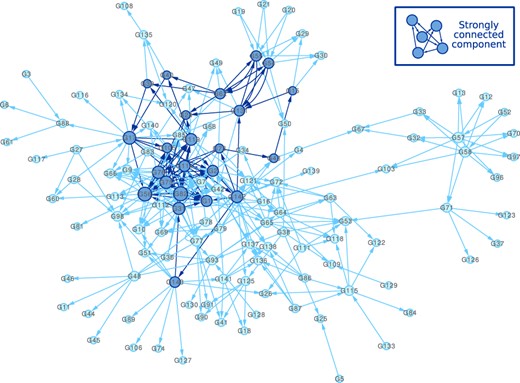 Reference network based on gene–gene interactions from AtPID, AtRegNet and PlantRegMap databases, and composed of 143 genes with 124 genes connected by 313 edges and organized in one component with a density of 2.1%. In this graph, the size of nodes depends on their degree. Dark blue nodes and edges are associated to the same strongly connected component