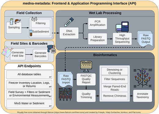 medna-metadata backend and frontend workflow spanning field sites, barcodes (sample labels), field collection, wet lab processing and bioinformatics. Single table (ST) application programming interface (API) endpoints are available for all tables within medna-metadata. Included are multi-table (MT), or custom API endpoints that provide multi-table join summaries
