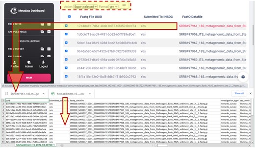 Tabular view of MIxS sediment (MIMARKS-SURVEY) mandatory (M), conditionally mandatory (C), and environmentally dependent (E) fields, and downloaded CSV and FASTQ file