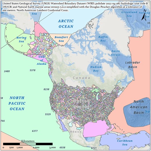 United States Geological Survey Watershed Boundary Dataset (publication date April 6, 2022) merged with Natural Earth marine areas version 5.0.0 (naturalearthdata.com) and simplified with the Douglas–Peucker algorithm at a tolerance of 100 meters in ArcGIS Pro v2.8.1