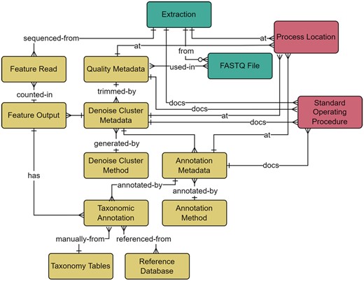 Bioinformatics module within the metadata schema. Full schema available in Supplementary Figure S1. The Bioinformatics module is related to the Wet Lab module through the relationship between the FASTQ File and Quality Metadata, where quality trimming parameters are captured and include the minimum and maximum read length, forward and reverse trim length, and sequence quality. Parameters relating to both Amplicon Sequence Variants and Operational Taxonomic Units generation methods are included within the Denoise Cluster Metadata table. Sequences generated from denoising or clustering are listed in the Feature Output table and the number of reads per sequencing run is represented in the Feature Read table. The Annotation Metadata table covers information related to the taxonomic annotation process and is related to the Taxonomic Annotation table. The Taxonomic Annotation table retains the results of any annotation method and enables the annotation of manually verified taxonomy. The Taxonomy tables (simplified here for brevity) are a set of hierarchical tables that correspond to the full taxonomic hierarchy (Domain, Kingdom, Supergroup, Phylum/Division, Class, Order, Family, Genus, and Species) and represent curated species lists that can be referenced to manually annotate verified taxonomy to a sequence through their relationship to the Taxonomic Annotation table. The location of an analysis or associated standard operating procedures are captured in relationships to the Process Location and Standard Operating Procedure tables. The Wet Lab module is further related to the Bioinformatics module through the relationship between the Feature Read and Extraction tables, where the count of reads per sample are captured. Full descriptions of fields for the Bioinformatics module are available in Supplementary Table S5