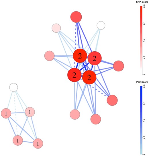 Network plot for scenario 1, replicate 2. Chromosomes were filtered for inclusion using global permutations. SNP labels ‘1’ and ‘2’ indicate membership in epistatic risk sets 1 and 2, respectively. Larger, darker nodes and thicker, darker edges correspond to larger SNP and SNP-pair scores, respectively. Dashed connections indicate pairs of SNPs located on the same biological chromosome with pairwise R2 of at least 0.1 in complement pseudo-siblings