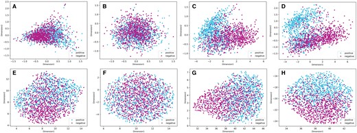 Dimension reduction of samples by PCA and UMAP. (A) and (E) are the PCA and UMAP visualizations of the handcrafted feature EAAC, respectively. (B–D) are the PCA visualizations of adaptive learning embedding features during the training process at 1, 20, and 100 epochs, respectively. (F–H) are the UMAP visualizations of adaptive learning embedding features during the training process at 1, 20, and 100 epochs, respectively