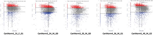 Consistency of the Z-Z plot for COL2A1 across AC samples obtained from health donors. Not shown the comparison of the total and per cell expression across the donor set that does seem to vary by sex and donor age.