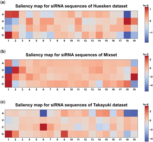 Saliency map for siRNAs on (a) Huesken, (b) Mixset, (c) Takayuki dataset. Larger numbers represent higher gradients and importance in the corresponding position.