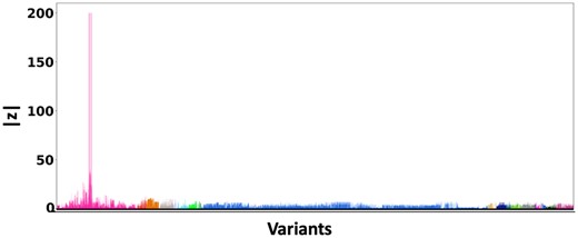 z-scores of the variants present each of the 20 clumps. The scores are obtained from a GWAS study of Alzheimer’s Disease (Wightman et al. 2021) colored by locus. The x-axis denotes the SNP index present in each locus. The y-axis reports the absolute z-scores.