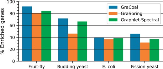 SAFE GO-BP enrichment analysis for GI networks. For the GI networks of our four species (x-axis), we show the percentage of enriched genes (y-axis) for each of the embedding algorithms considered (color coded).