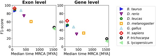 Tiberius accuracy for test species, including non-mammalian species, plotted against the median time from the most recent common ancestor (MRCA) with Mus musculus, generated with TimeTree (Kumar et al. 2022).