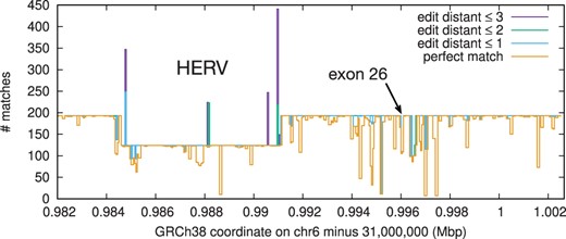 Haplotype diversity around the C4A gene. 101-mers with 50 bp overlaps are extracted from the C4A genomic sequence on GRCh38 and aligned to the human pangenome. The Y axis shows the counts of 101-mer matches under different edit-distance thresholds.