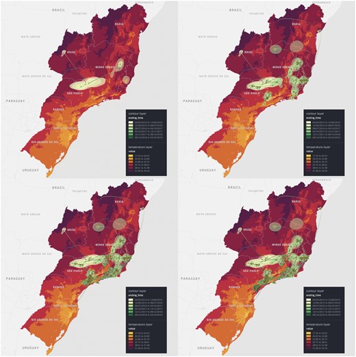 Continuous phylogeographic reconstruction of the dispersal history of yellow fever virus lineages in Brazil (in 2D mode) on top of a (maximal) temperature data layer: (a) until 7 April 2016; (b) until 10 April 2017; (c) until 12 April 2018; (d) until 16 April 2019. Specifically, we map the maximum clade credibility (MCC) tree and 80% highest posterior density (HPD) regions reflecting the uncertainty related to the Bayesian continuous phylogeographic inference. The MCC tree and 80% HPD regions are based on 1000 trees sampled from the posterior distribution of trees and are coloured according to their time of occurrence using a yellow-green colour scale.