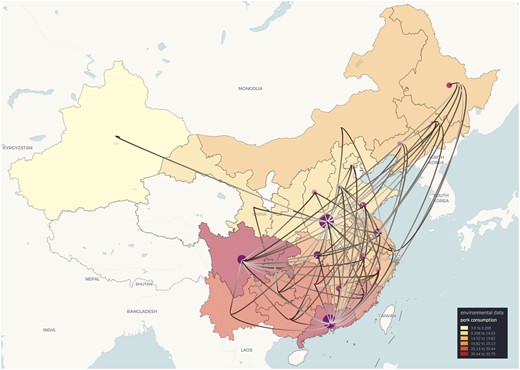 Discrete phylogeographic reconstruction of the spread of porcine epidemic diarrhoea virus in China (in 2D mode) on top of a semi-transparent data layer that shows pork consumption per province. Provinces for which these data are not available are not visualized. Colours towards the yellow spectrum indicate lower pork consumption, whereas colours towards the (dark) red spectrum indicate higher pork consumption. The start and end of the branches are coloured in white and grey, respectively, with the colour gradually changing across the length of the branches. Darker purple clusters represent locally higher cumulative lineage counts over a custom period, while lighter pink clusters represent lower cumulative counts.