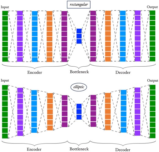 Visualizations of rectangular and elliptic autoencoders. Both networks have the same input size, number of hidden layers, and bottleneck size (inputs=10, hl=4, bn=3) and only differ by the slope p, see also Equation (1).