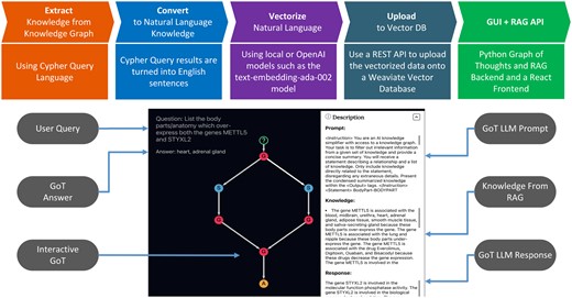 Application flow chart (above) from extraction of knowledge from a knowledge graph, to converting the knowledge graph dump into a list of natural language statements, vectorizing the knowledge and uploading to a vector database, and deploying the KRAGEN GUI (bottom) where the user can ask elaborate questions and view the Graph-Of-Thoughts prompting to view the intuition and knowledge used to solve the problem.