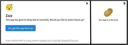 (A) Web-server is in “Hibernate” mode after long inactivity. (B) Re-activation of web-server in progress.