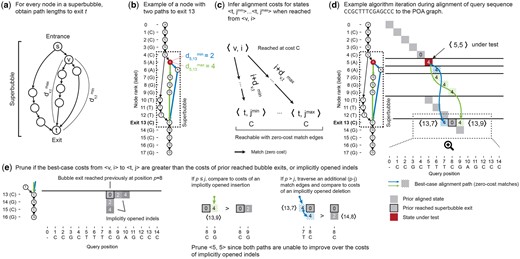 POASTA detects and prunes alignment states that are not part of the optimal solution. (a) A superbubble with entrance s and exit t. For every node v in the superbubble, POASTA stores the minimum and maximum path length, dv,tmin, and dv,tmax, to exit t. (b) An example POA graph with a superbubble (dashed rectangle) and the path lengths from the highlighted node 5 (red) to the superbubble exit (green and blue paths). (c) The path lengths to the superbubble exit are used during alignment to infer the range of states reachable with zero-cost match edges (black arrows) from another state 〈v,i〉. (d) An example aligning the query CCGCTTTCGAGCCC to the graph in (b). Grey squares: states aligned in a prior iteration. Red square: state under test. Blue and green arrows and dotted squares: best-case alignment paths from the state under test to the superbubble exit. (e) POASTA compares best-case alignment costs from 〈v,i〉 (blue and green dotted squares) to implicitly opened indels from prior reached bubble exits (grey squares). Implicitly opened indels act as an upper bound for the alignment cost of yet-to-visit states. Examples use the linear gap cost model with Δm=0,Δx=4,Δg=2.