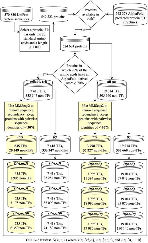 Overview of the creation of our 12 datasets (Section 2.5). We create two sets of proteins, i.e. allAF (denoted by the letter code a) and reliableAF (denoted by rl). Among each of allAF and reliableAF protein sets, we create a sequence redundant (letter code r) and a sequence non-redundant (letter code nr) set of proteins. From each of the sequence redundant and sequence non-redundant protein sets, we create three datasets reflecting the ratio of the numbers of non-TFs vs. TFs of 3, 5, and 10. We name a dataset using the convention D(x,z,s), where x∈{rl,a}, z∈{nr,r}, and s∈{3,5,10}. In the figure, the shaded boxes highlight the relevant parts of the data creation logic leading to sequence non-redundant datasets.