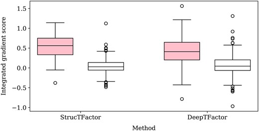 Distribution of DBD-related (shaded) and non-DBD-related (unshaded) integrated gradient scores of all 395 TFs from the D(rl,nr,3) dataset that has DBD information in UniProt.