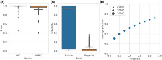 Performance of RClass binary classifier. (a) Predictive performance of the RClass binary classifiers on the test data (100 RClasses) evaluated by area under the receiver operating characteristic curve (AUC) and area under the precision-recall curve (AUPRC). (b) Distribution of predicted probabilities output by RClass binary classifiers in validation using BLAST. “Positive” and “negative” are output for query sequences and negative data, respectively. (c) Relationship of precision and threshold to predicted probability in validation using BLAST. The marker size represents the number of trials where precision could be calculated in leave-one-out cross-validation.