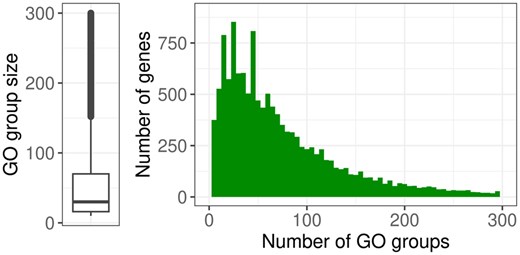 Left: Boxplot summarizing the sizes of the GO groups, 640 groups with sizes >300 not shown. Right: Histogram showing the number of GO groups (x-axis) to which each gene (y-axis) is annotated, 469 genes that are annotated to >300 groups are not shown.
