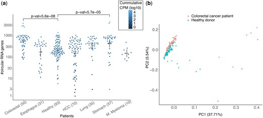 (a) Number of predicted circRNAs in the cfRNA of patients grouped by cancer type and healthy. Each dot is coloured by cumulative CPM of all the circRNAs in the respective cfRNA sample. P-values of two cancer types with most significant differences in distribution of circRNAs in healthy donors versus patients are shown. P-values were calculated using the Wilcoxon test with Bonferroni correction. Means and error-bar are shown for each group. (b) First two components of a PCA using log of CPM scores of all circRNAs detected in the colorectal cancer patients and healthy donors.