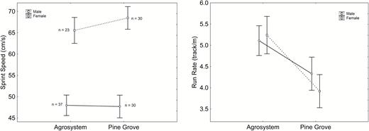 Sex and habitat differences in sprint speed (a) and run rate (b). Sample sizes are indicated in (a). Vertical bars represent standard errors.