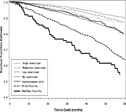 Kaplan-Meier survival curves, by level of fitness and frailty