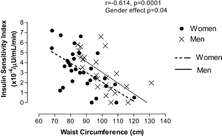 Association between waist circumference and Insulin Sensitivity Index (SI) by sex