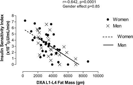 Association between DXA L1–L4 fat mass and Insulin Sensitivity Index (SI) by sex