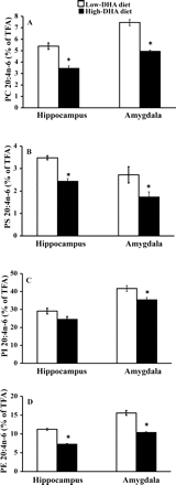 Effects of dietary n-3 polyunsaturated fatty acids (PUFA) on proportion (% of total fatty acids [TFA]) arachidonic acid (20:4n-6) in phospholipid classes of hippocampus and amygdala from senescence-accelerated prone 8 (SAMP8) mice. A, 20:4n-6 in phosphatidylcholine (PC); B, 20:4n-6 in phosphatidylserine (PS); C, 20:4n-6 in phosphatidylinositol (PI); D, 20:4n-6 in phosphatidylethanolamine (PE). Values are mean ± standard error of the mean for 8–10 preparations. *p <.05, compared to mice fed low-docosahexaenoic acid (DHA) diet (independent samples t test)